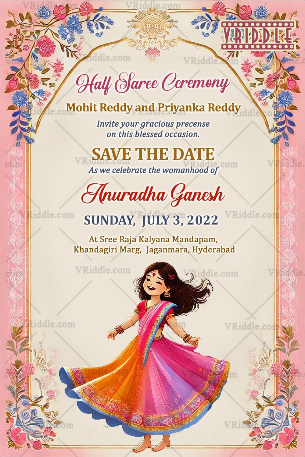 Pink Theme Half Saree Ceremony Invitation Card with Cartoon Girl Character and Floral Design