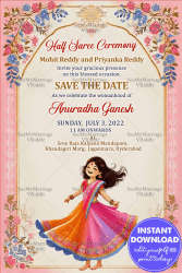 Pink Theme Half Saree Ceremony Invitation Card with Cartoon Girl Character and Floral Design