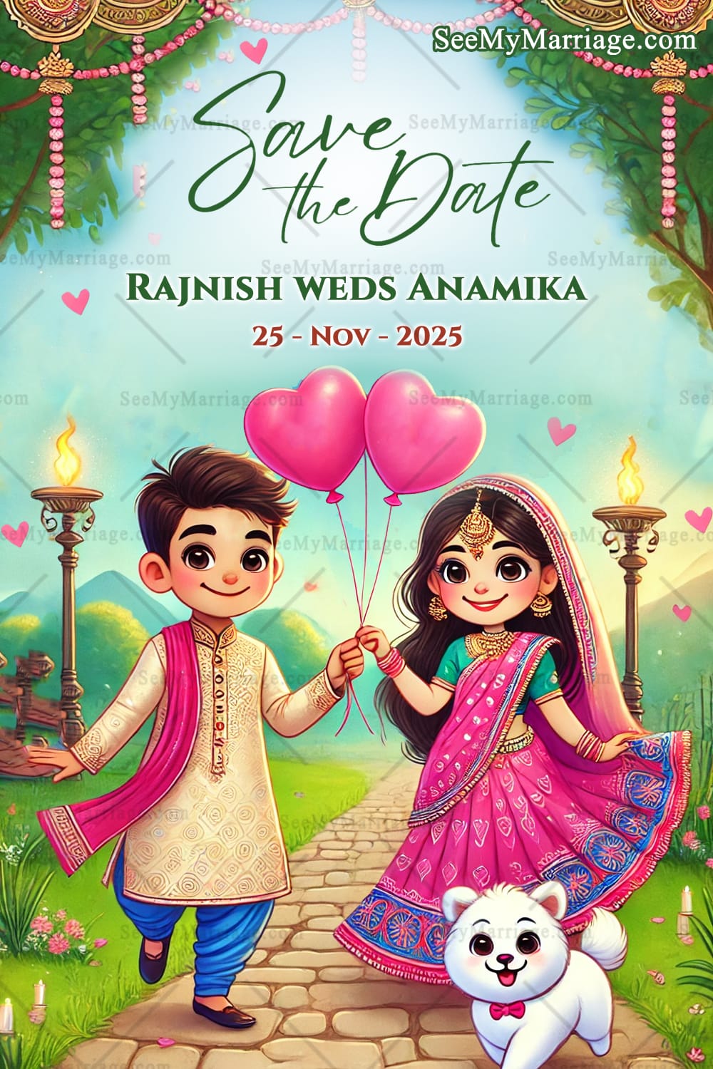 Playful Cartoon Couple Theme Save The Date Wedding Card with Lush Garden Backdrop