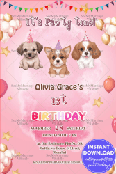 Puppy Themed Birthday Blast Invitation Card with Pink Color Background