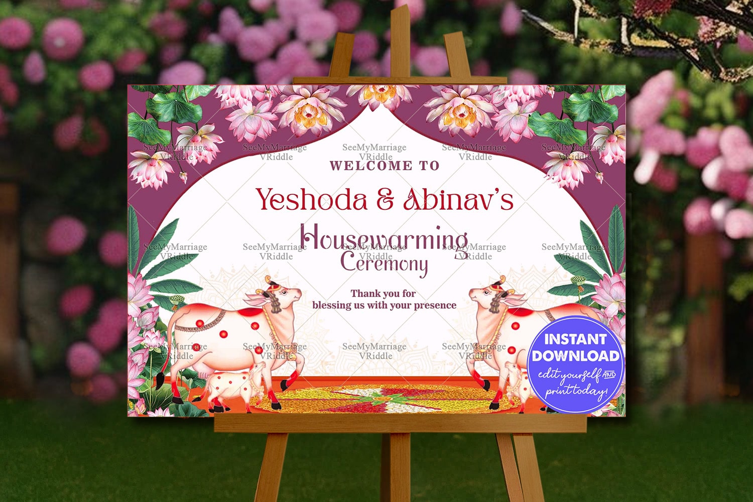 Purple Theme Housewarming Ceremony Welcome Poster with Lotus Bloom Background