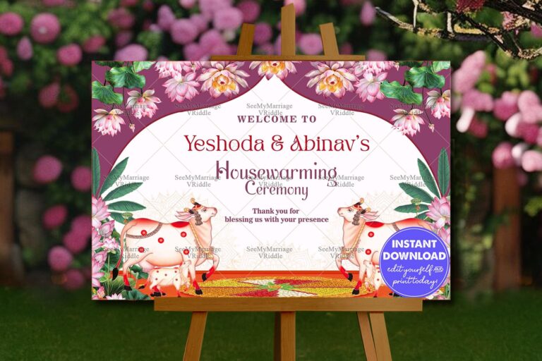 Purple Theme Housewarming Ceremony Welcome Poster with Lotus Bloom Background