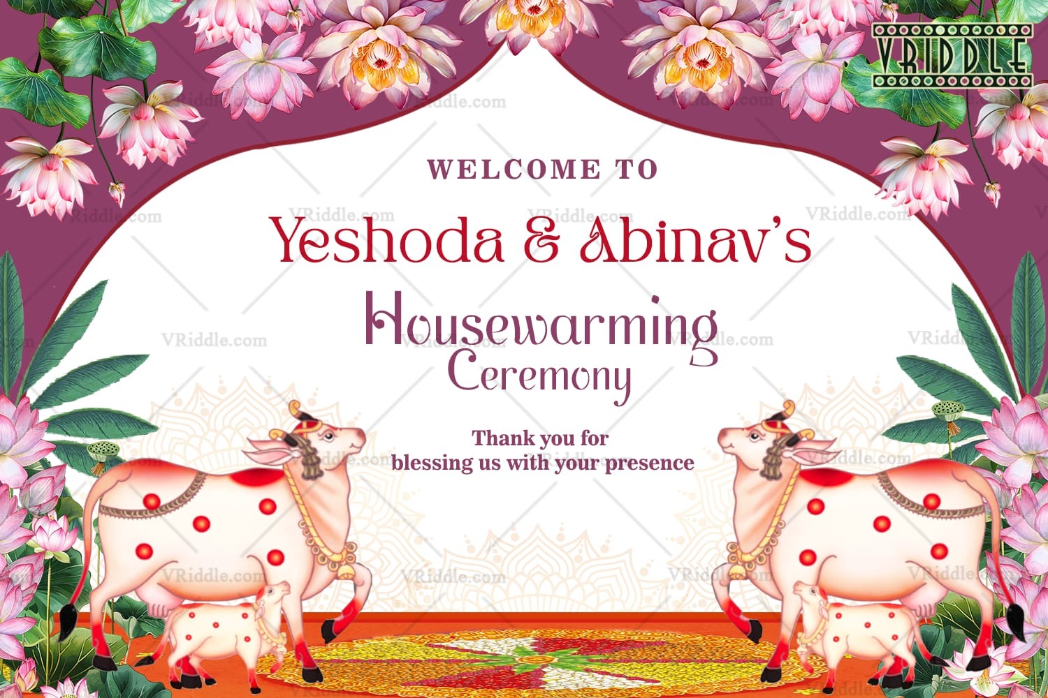 Purple Theme Housewarming Ceremony Welcome Poster with Lotus Bloom Background