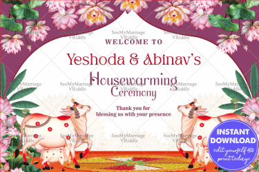 Purple Theme Housewarming Ceremony Welcome Poster with Lotus Bloom Background