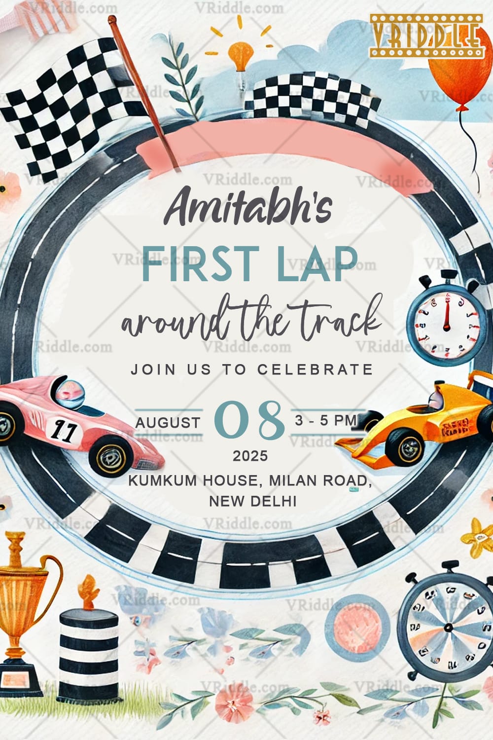 Racing Track First Birthday Invitation Card with High-Speed Theme