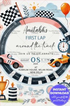 Racing Track First Birthday Invitation Card with High-Speed Theme