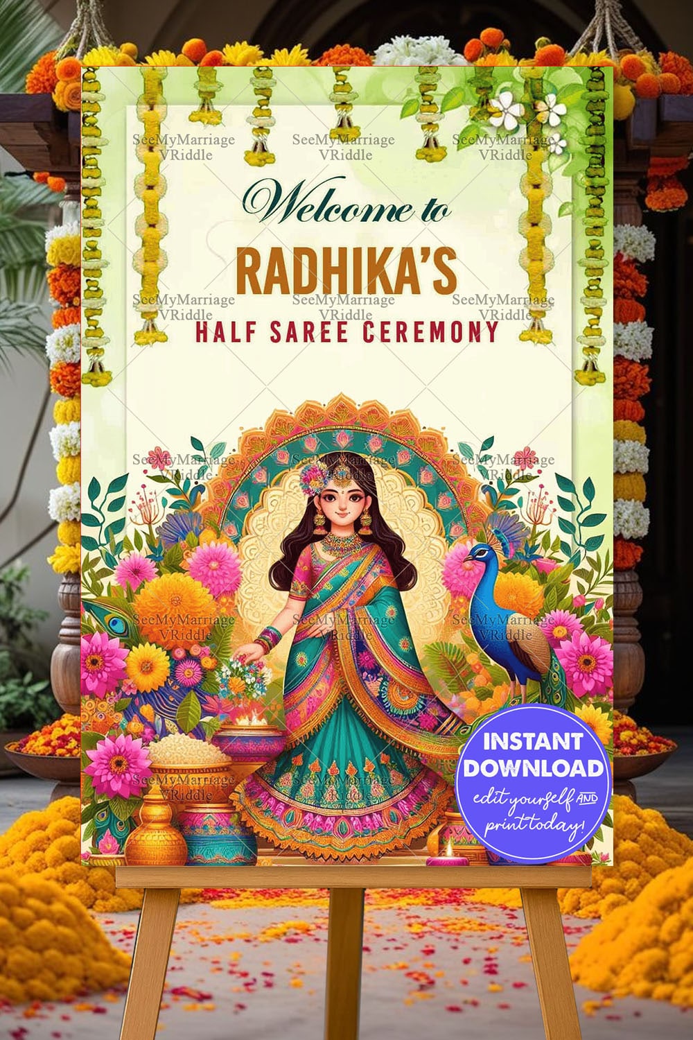 Radiant Floral Accents Half Saree Ceremony Welcome Poster