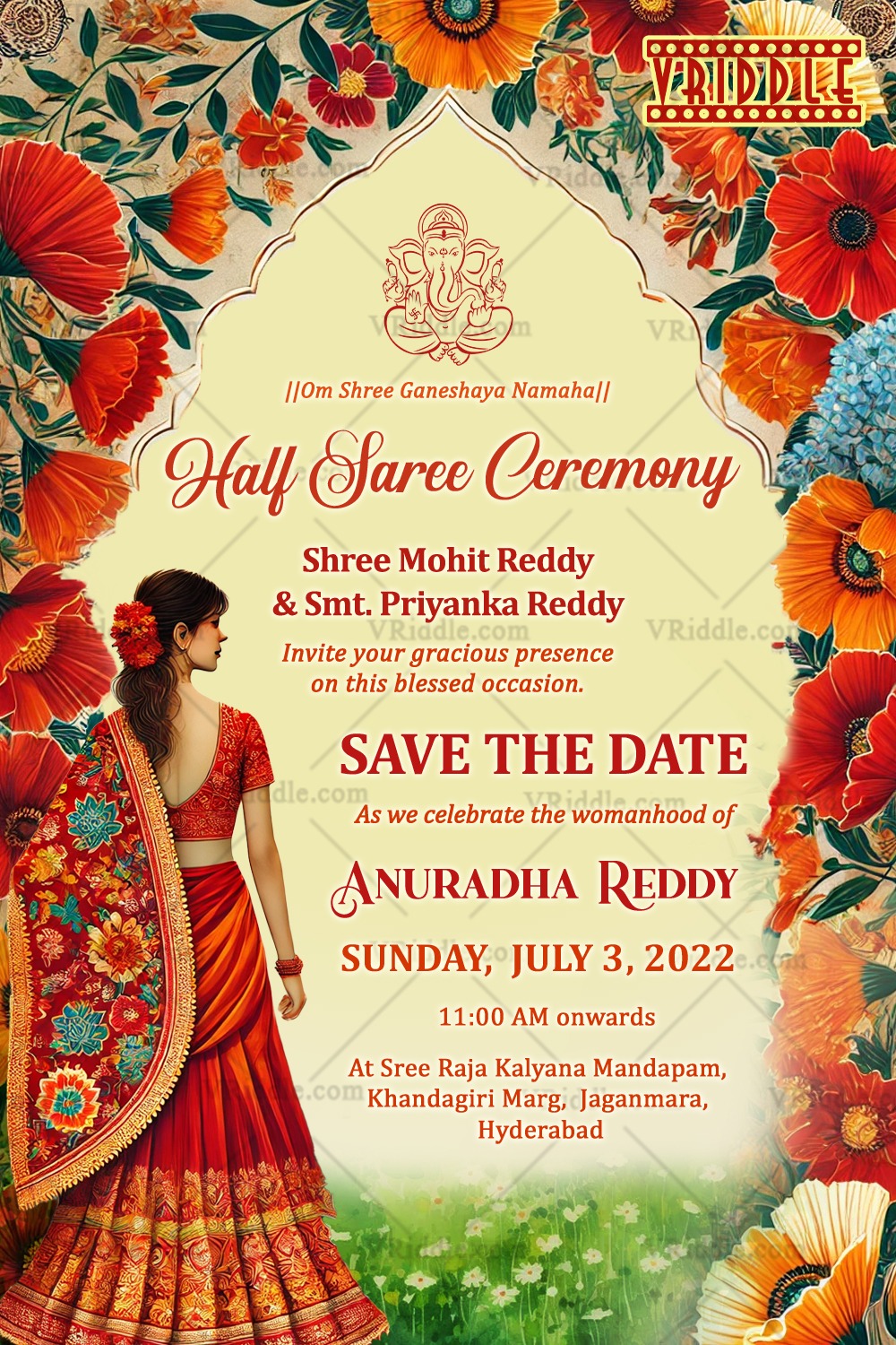 Red Blossom Theme Half Saree Ceremony Invitation Card with Garden Background