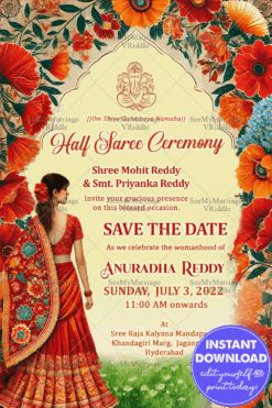 Red Blossom Theme Half Saree Ceremony Invitation Card with Garden Background