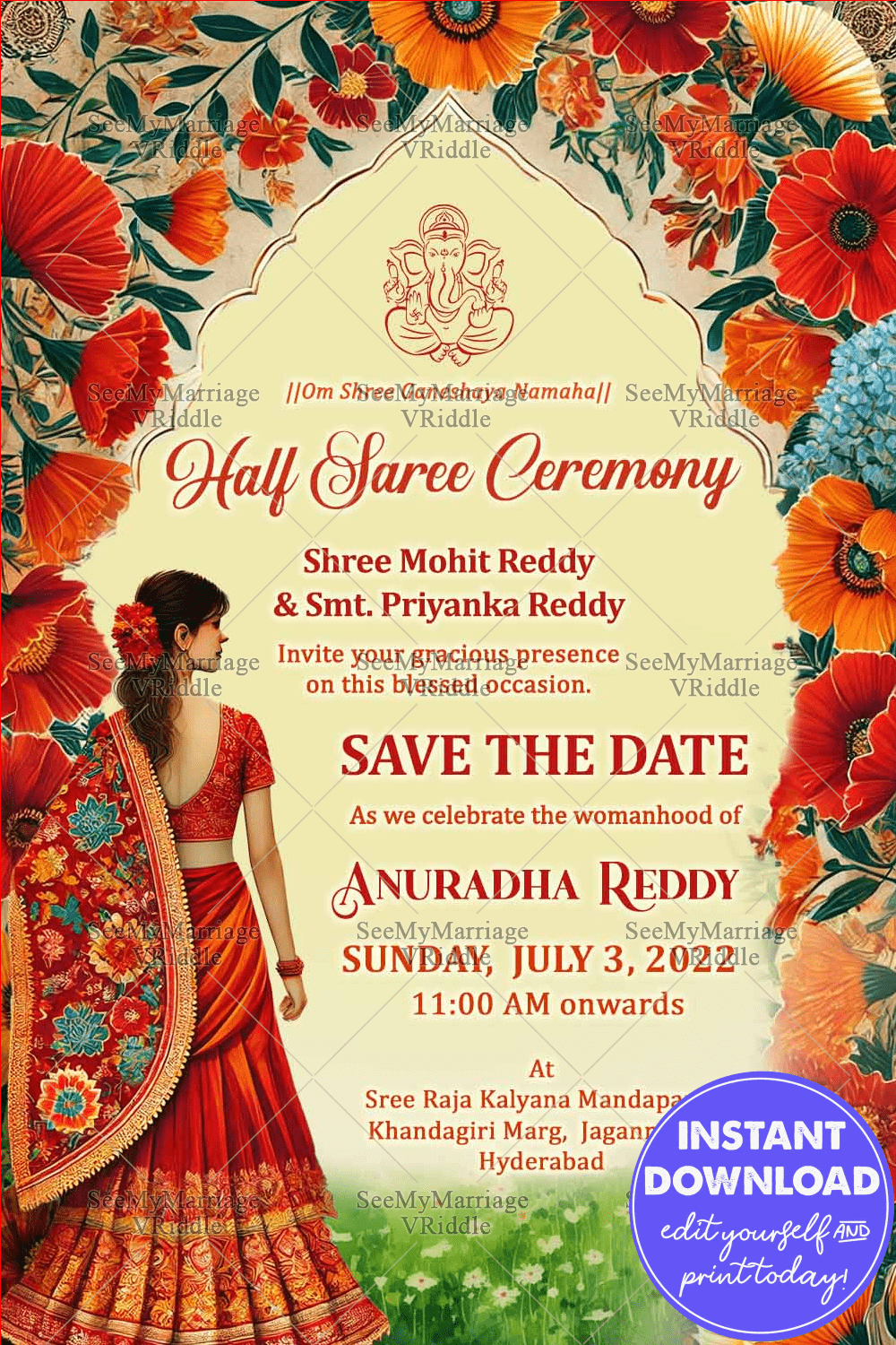 Red Blossom Theme Half Saree Ceremony Invitation Card with Garden Background