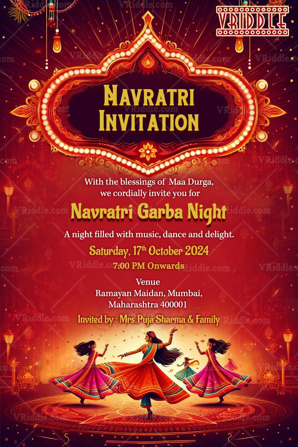 Red Sparkling Theme Navratri Garba Night Invitation Card