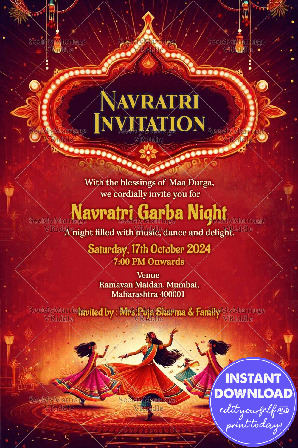 Red Sparkling Theme Navratri Garba Night Invitation Card