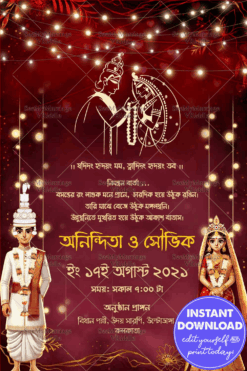 Red and Gold Theme Bengali Wedding Ceremony Invitation Card with String Lights Decor