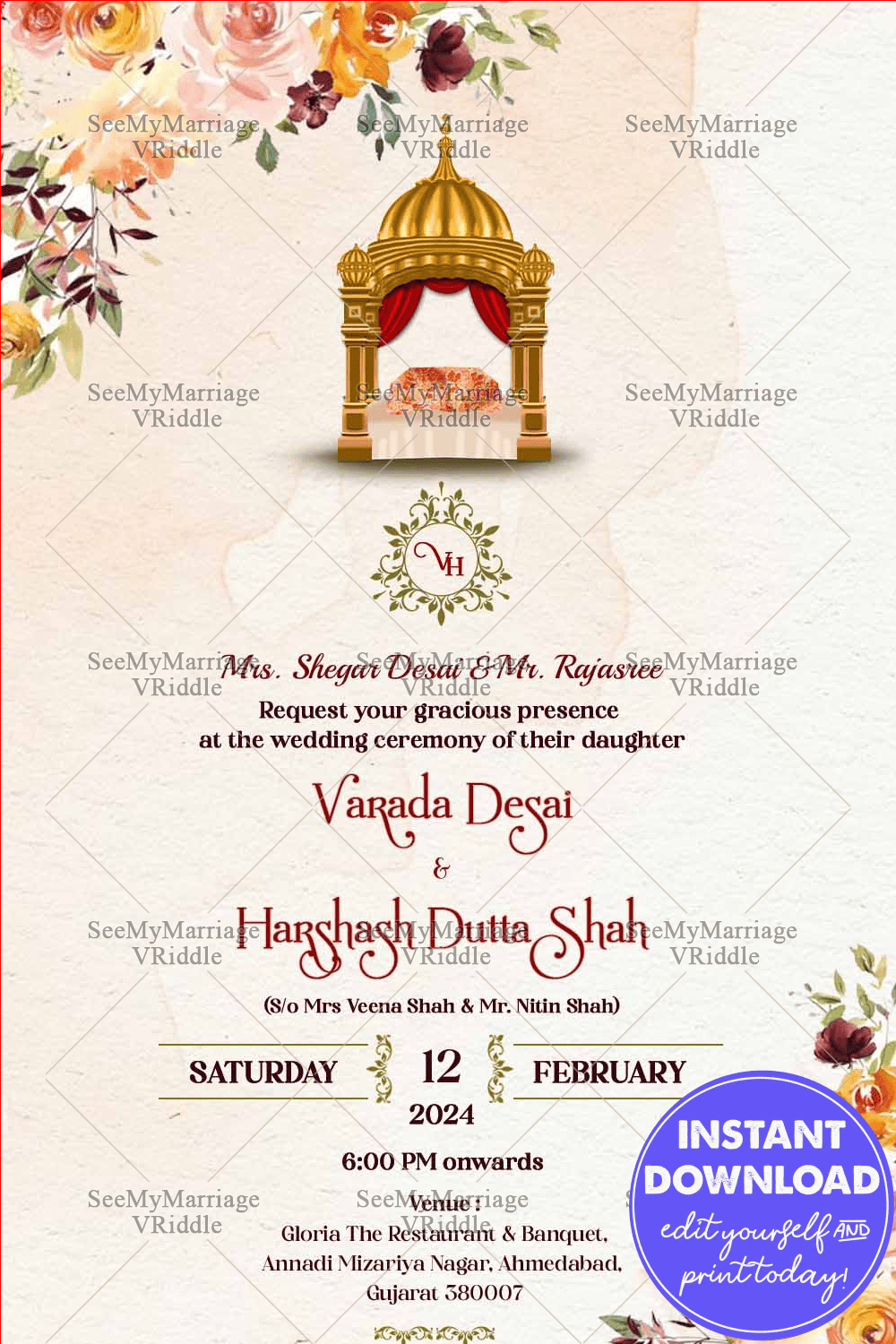 Regal Archway Punjabi Wedding Invitation Card with Floral Accents Background