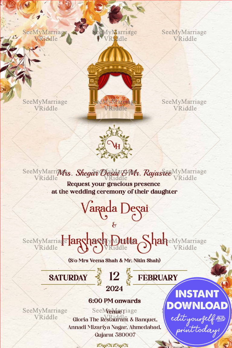 Regal Archway Punjabi Wedding Invitation Card with Floral Accents Background