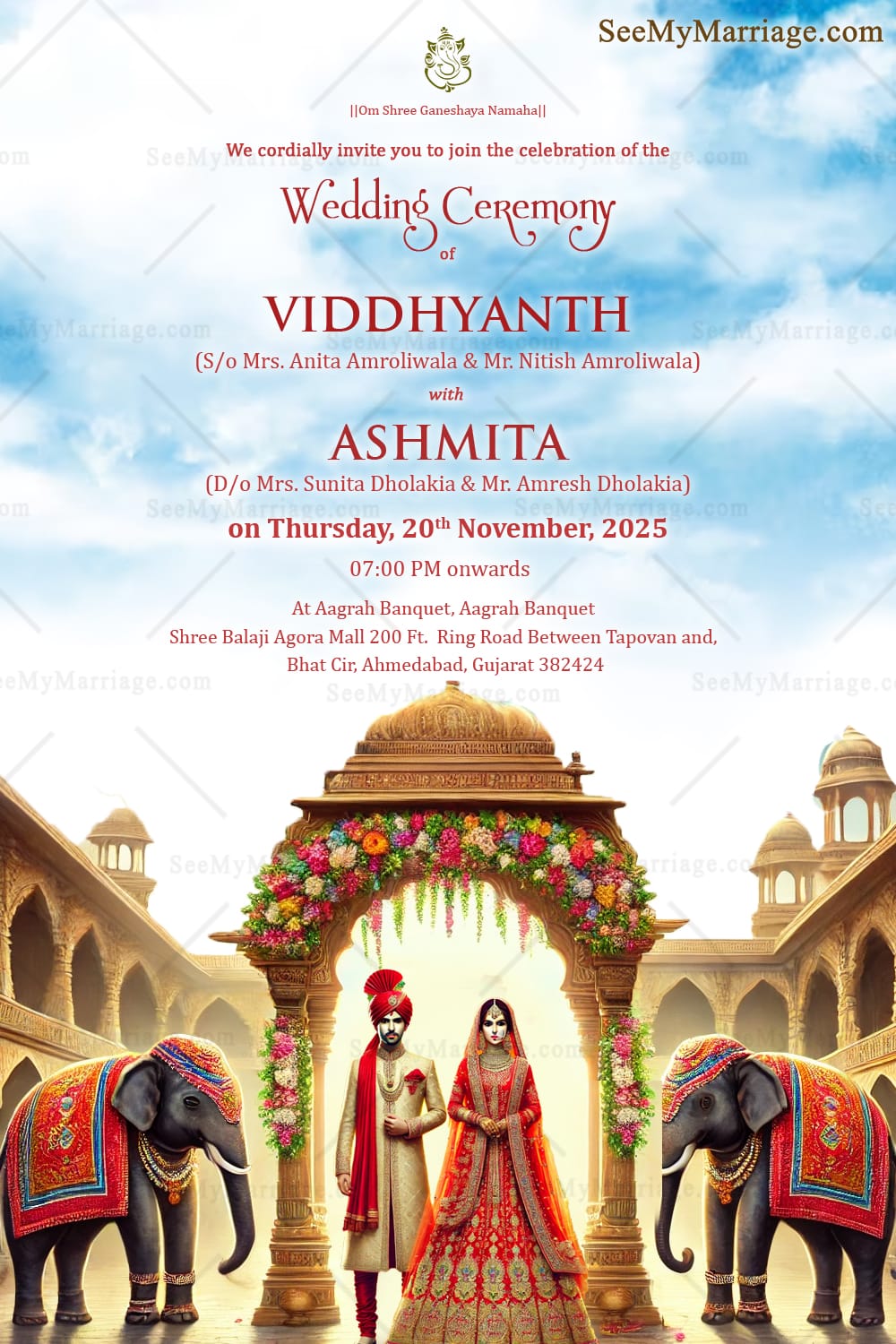 Regal Palace Gujarati Wedding Invitation Card with Elephant Theme Background