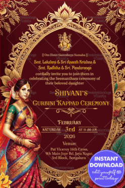 Regal Punjabi Gurbini Kappad Ceremony Invitation Card with Golden Arch and Floral Accents