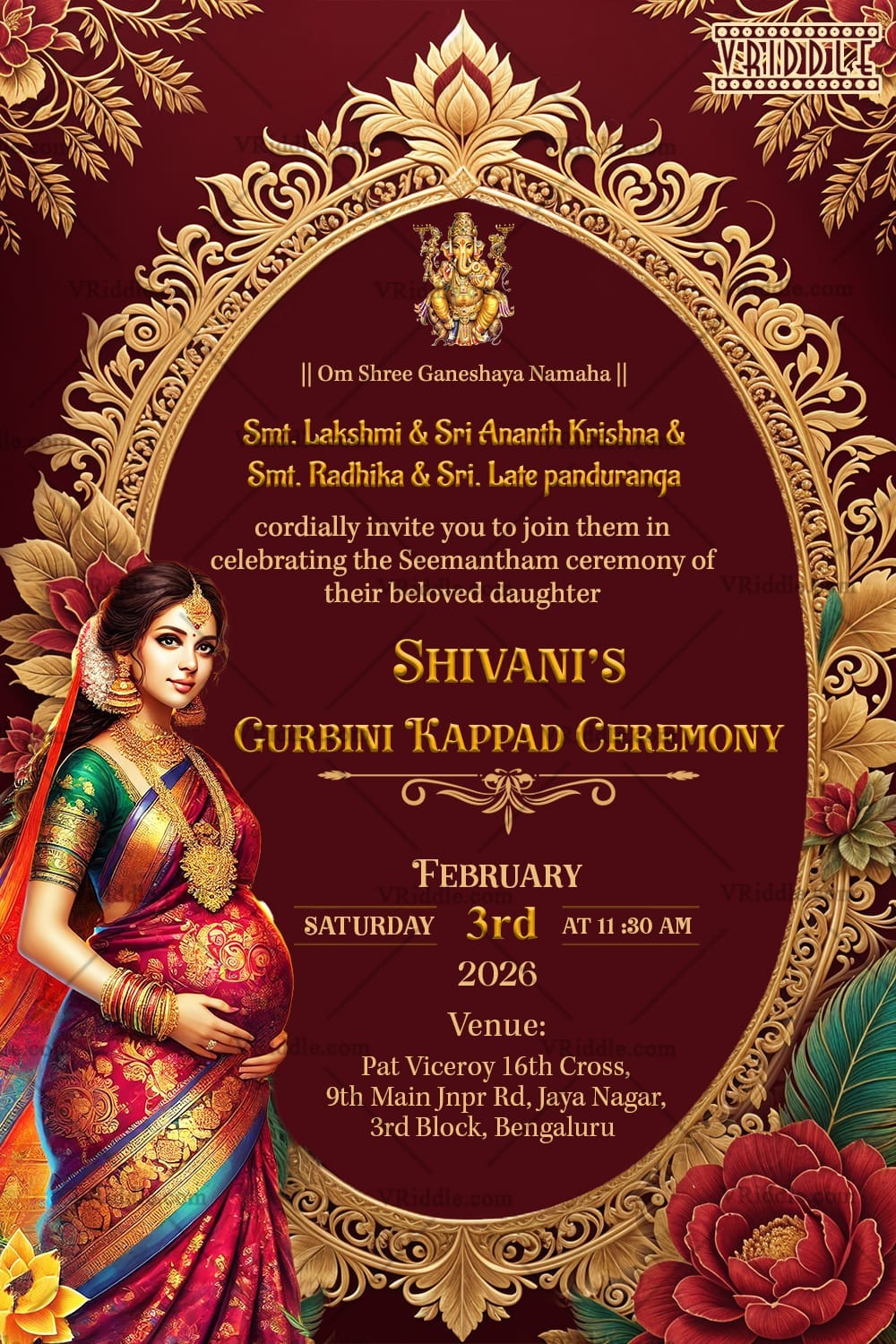 Regal Punjabi Gurbini Kappad Ceremony Invitation Card with Golden Arch and Floral Accents