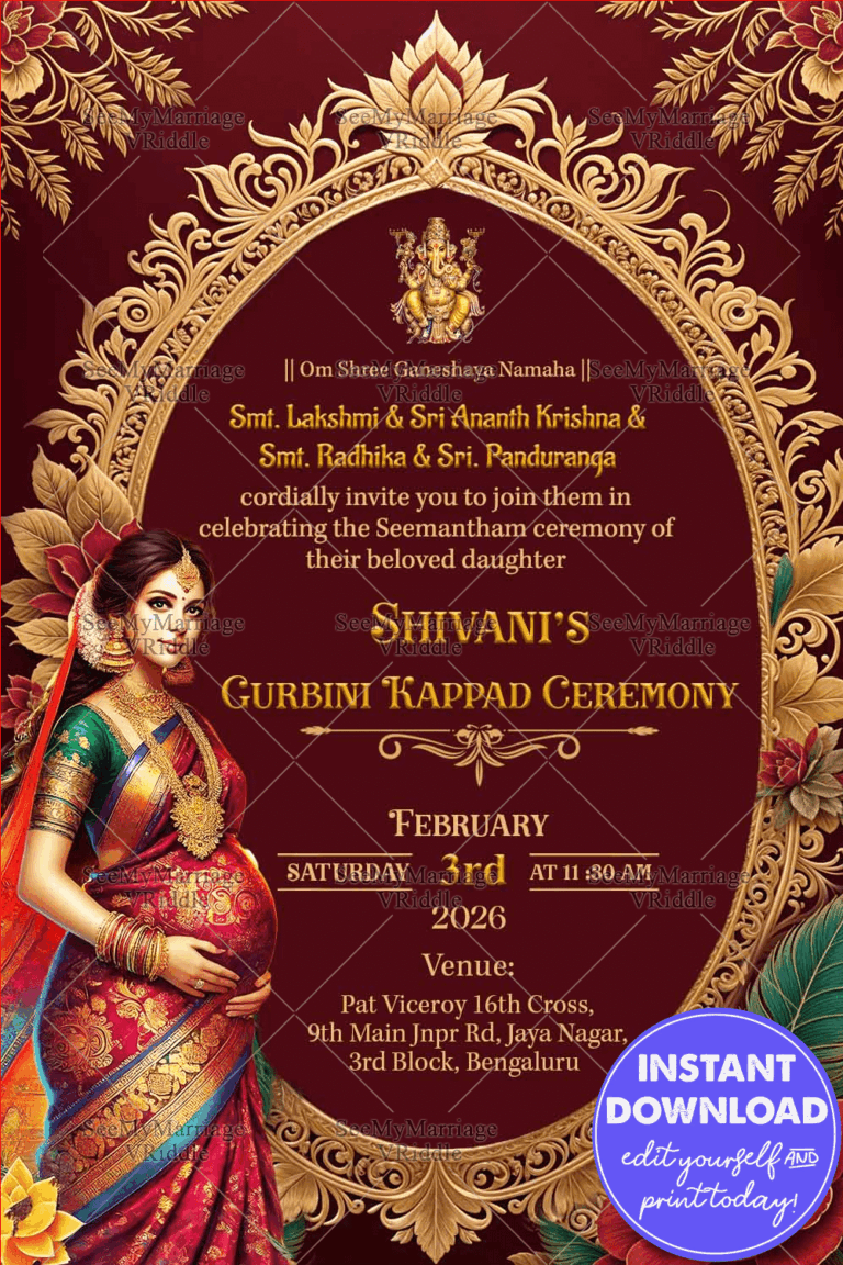 Regal Punjabi Gurbini Kappad Ceremony Invitation Card with Golden Arch and Floral Accents