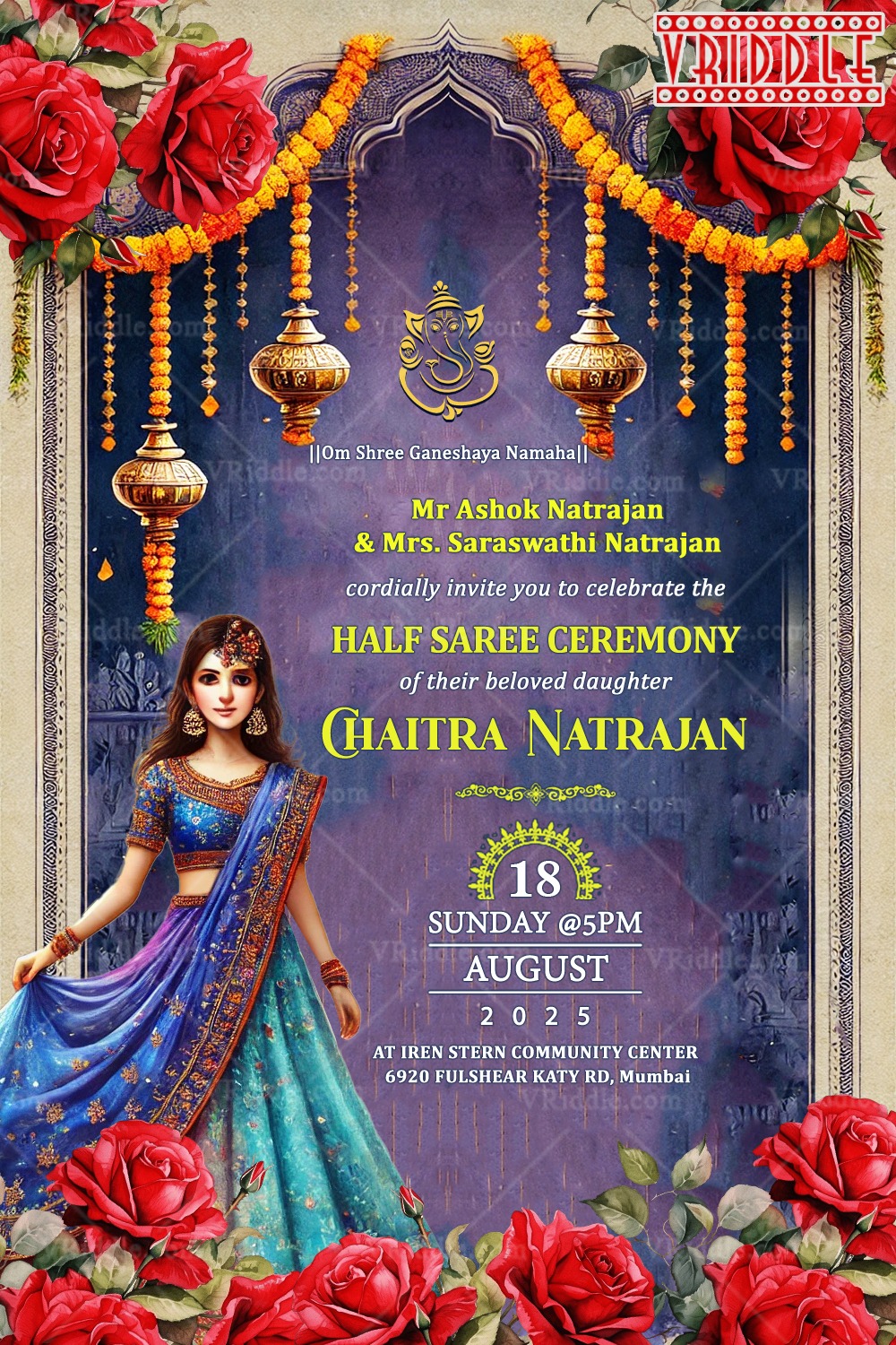 Regal Roses Archway puberty ceremony Invitation Card with Purple Theme