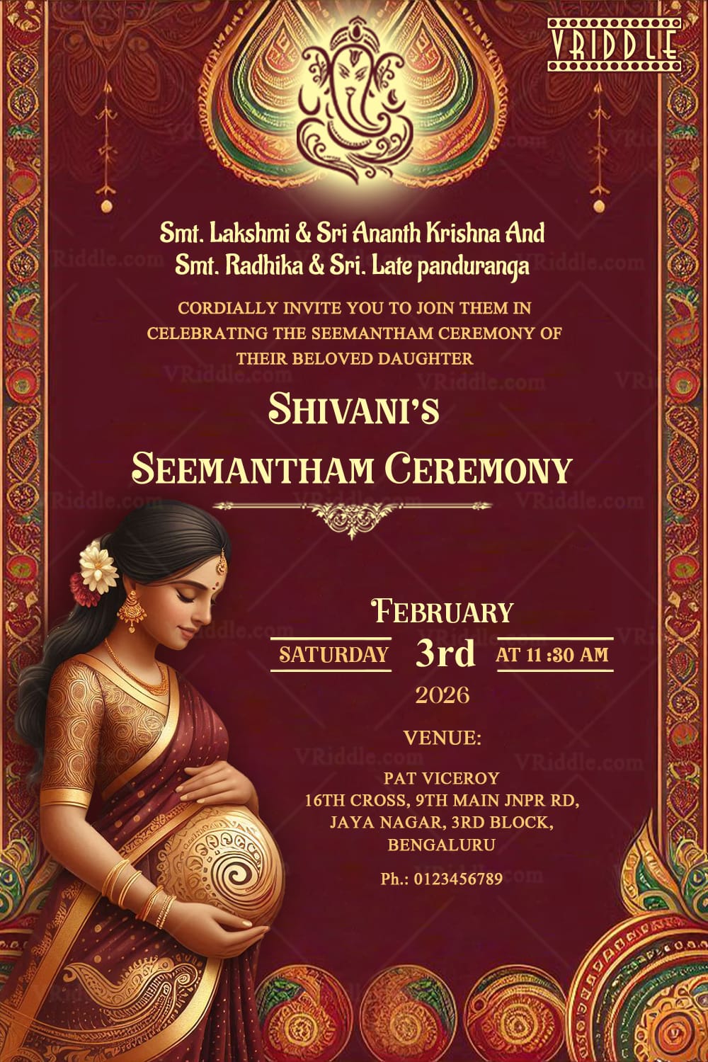 Regal Seemantham Ceremony Invitation Card with Maroon and golden Patterns Theme