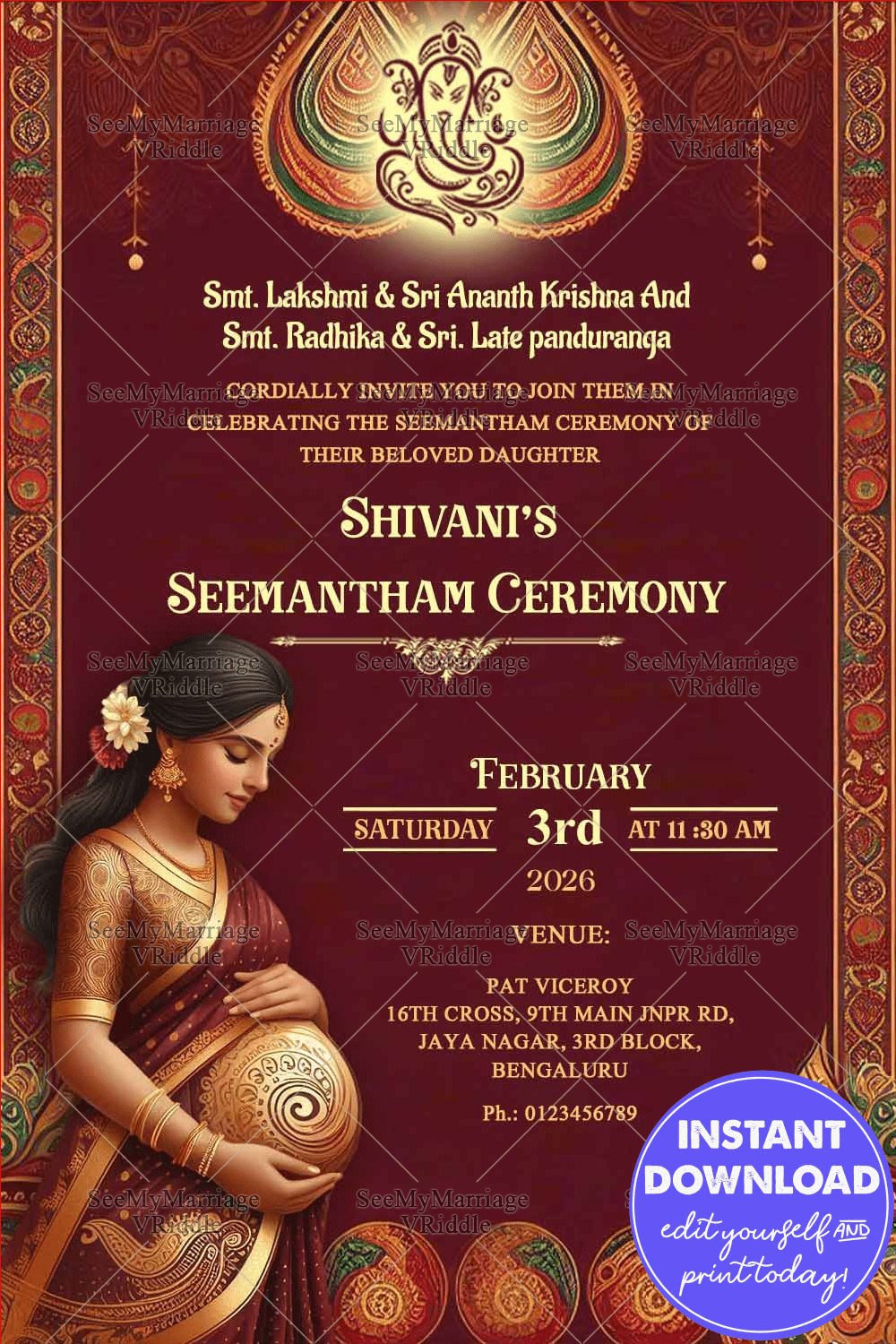 Regal Seemantham Ceremony Invitation Card with Maroon and golden Patterns Theme