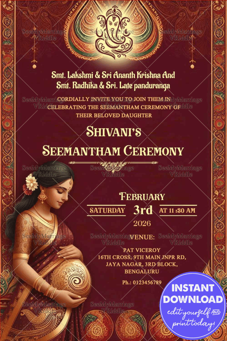Regal Seemantham Ceremony Invitation Card with Maroon and golden Patterns Theme