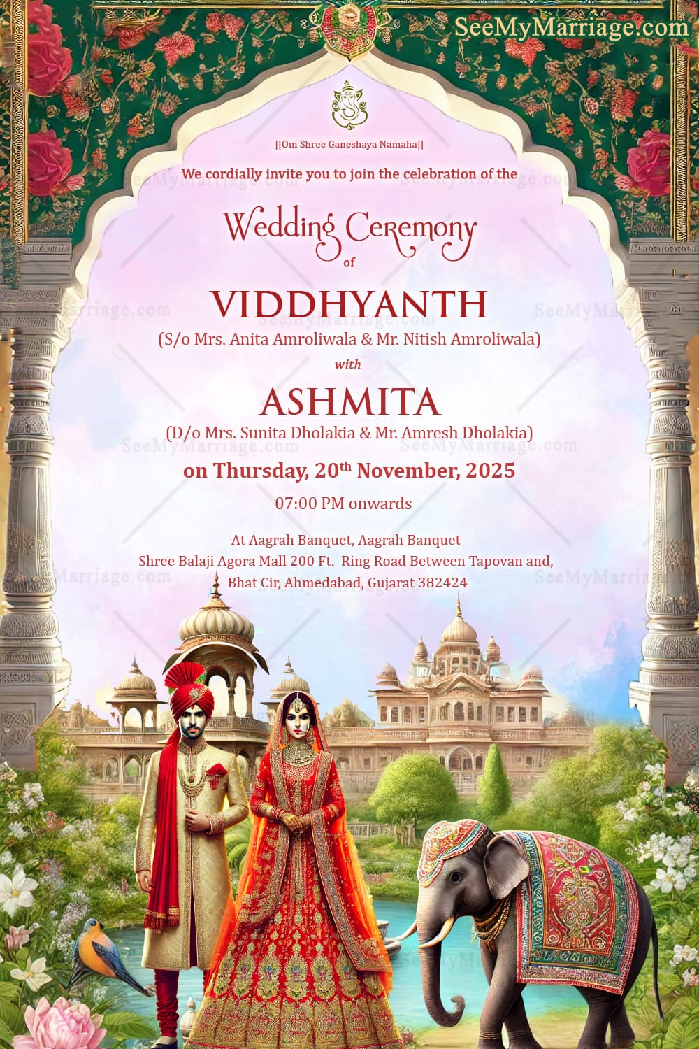 Royal Architectural Theme Gujarati Wedding Invitation Card with Lush Garden Background