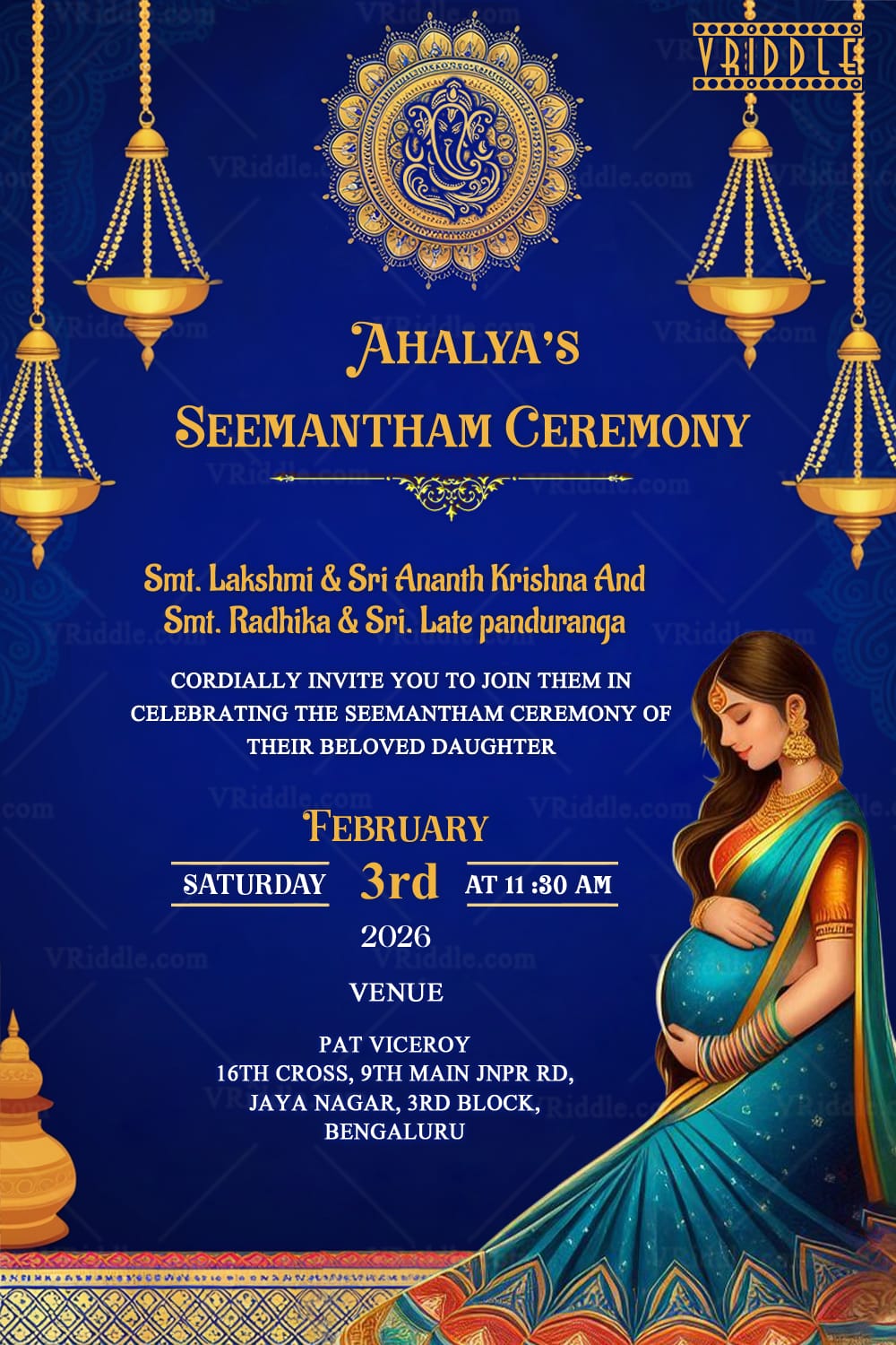 Royal Blue Theme Seemantham Ceremony Invitation Card with Ornate Mandala Decor