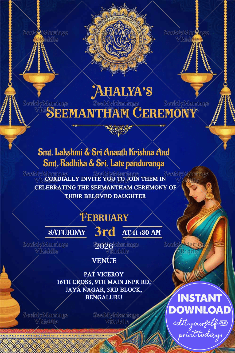 Royal Blue Theme Seemantham Ceremony Invitation Card with Ornate Mandala Decor