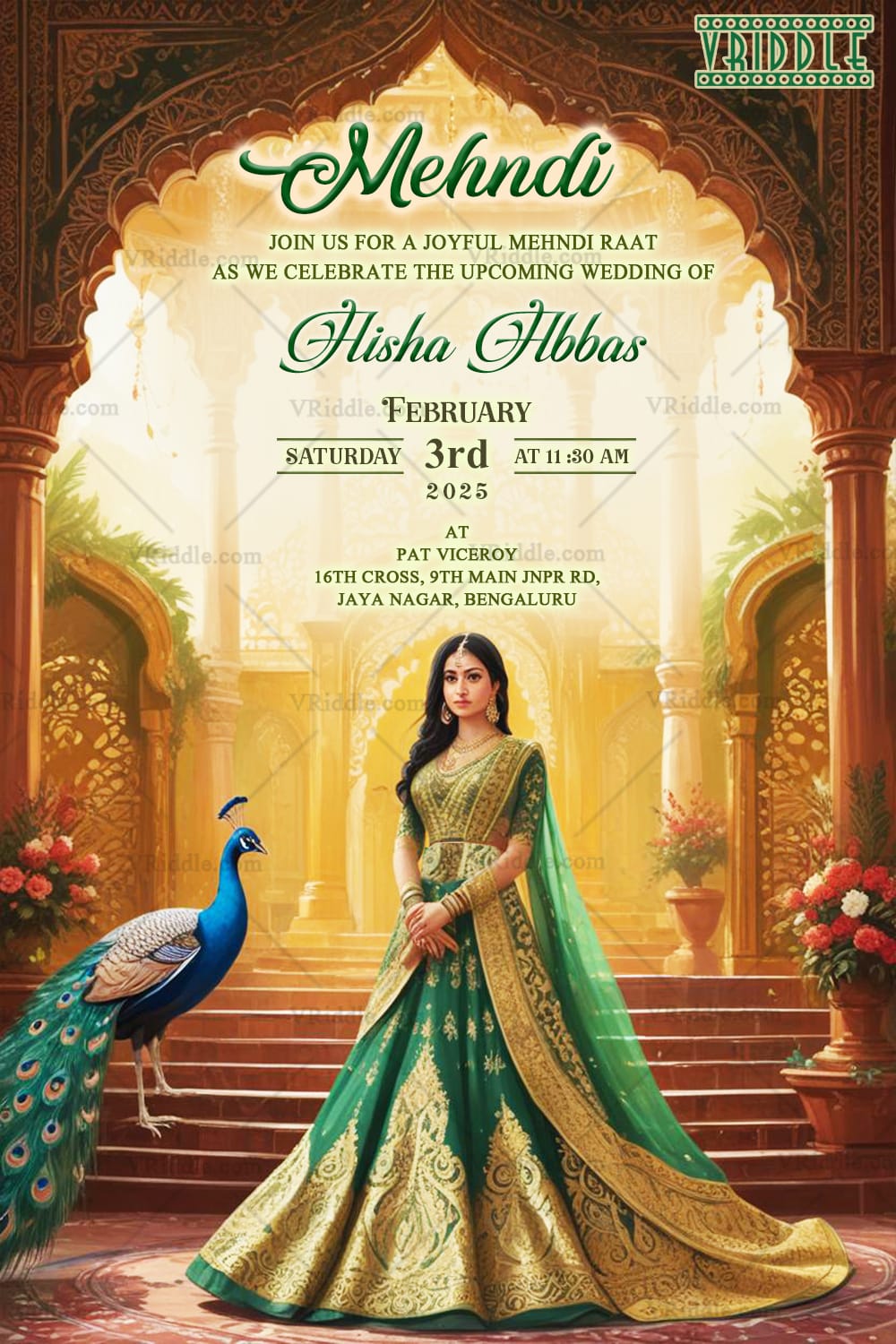 Royal Mehndi Ceremony Invitation Card with Peacock Theme and Palatial Backdrop