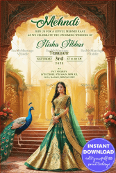 Royal Mehndi Ceremony Invitation Card with Peacock Theme and Palatial Backdrop