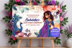 Royal Peacock Theme Half Saree Ceremony Welcome Poster