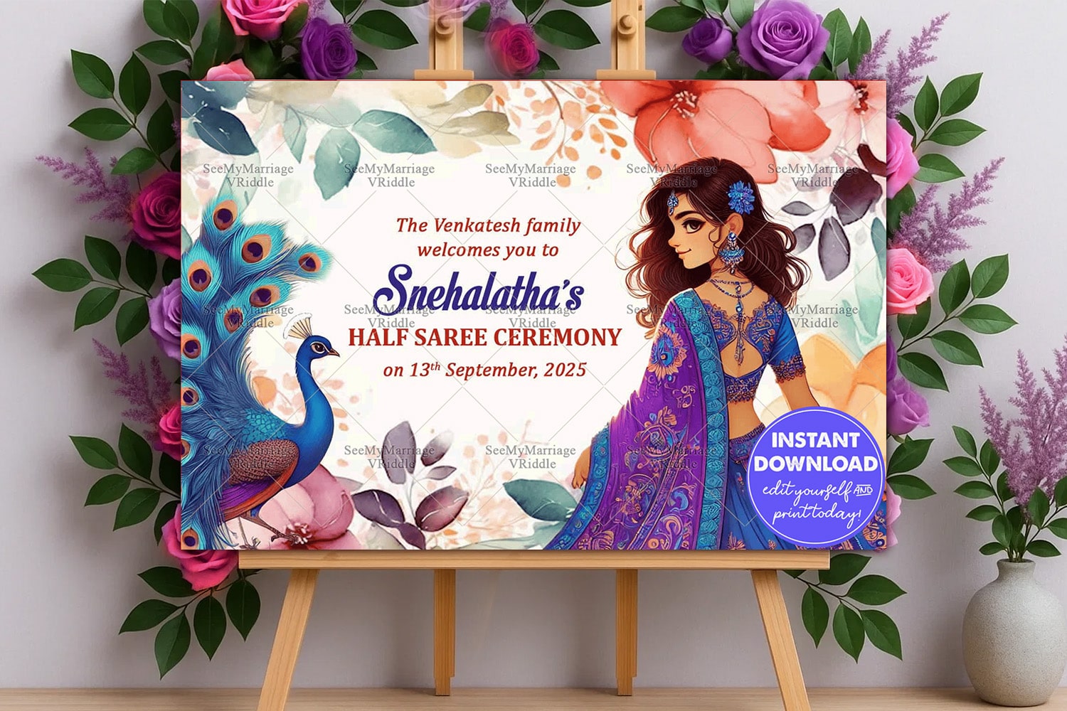 Royal Peacock Theme Half Saree Ceremony Welcome Poster