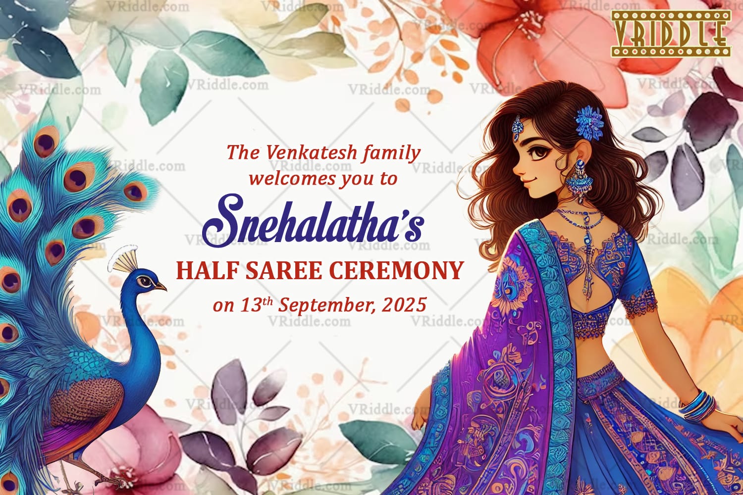Royal Peacock Theme Half Saree Ceremony Welcome Poster