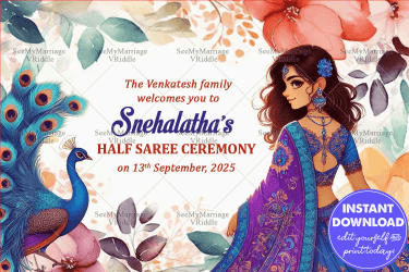 Royal Peacock Theme Half Saree Ceremony Welcome Poster