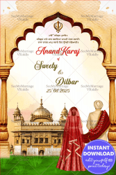 Royal Punjabi Anand Karaj Wedding Ceremony Welcome Poster with Backturned Couple Illustration