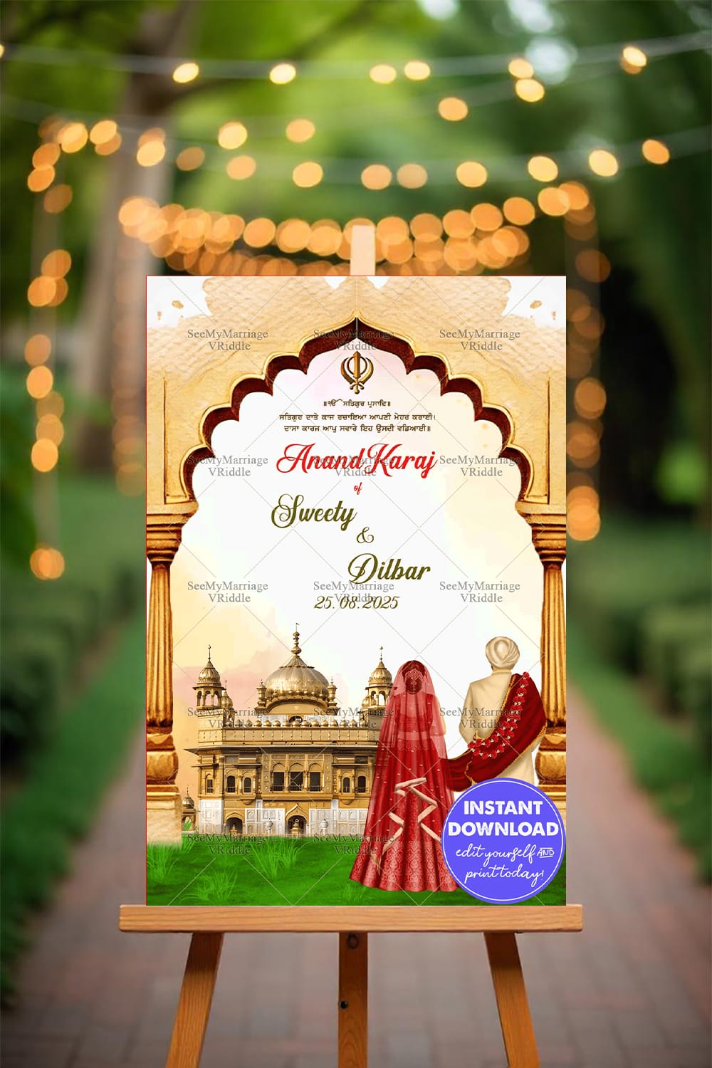Royal Punjabi Anand Karaj Wedding Ceremony Welcome Poster with Backturned Couple Illustration Mockup