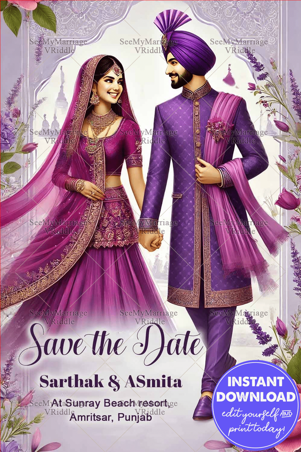 Royal Purple Wedding Invitation Elegant Sikh Couple Design