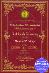 Sacred Bratabanda Ceremony Invitation Card with Maroon Theme Background