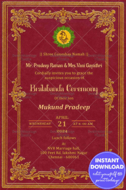Sacred Bratabanda Ceremony Invitation Card with Maroon Theme Background