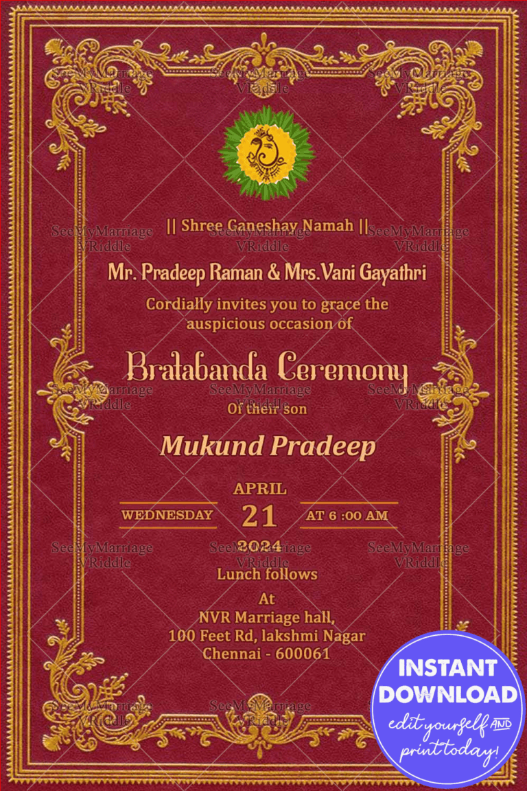 Sacred Bratabanda Ceremony Invitation Card with Maroon Theme Background