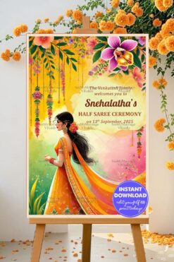 Saffron Swirls and Blooms Theme Half Saree Ceremony Welcome Poster