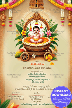 Sandalwood Cradle Baby Theme Telugu Annaprashan Ceremony Invitation