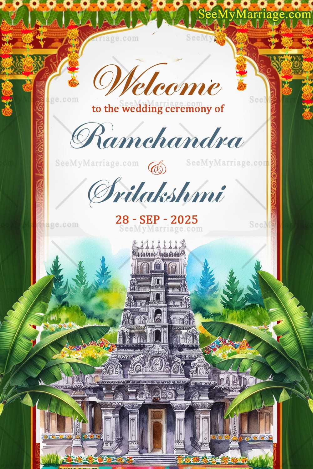 Scenic Temple View Telugu Wedding Ceremony Welcome Poster