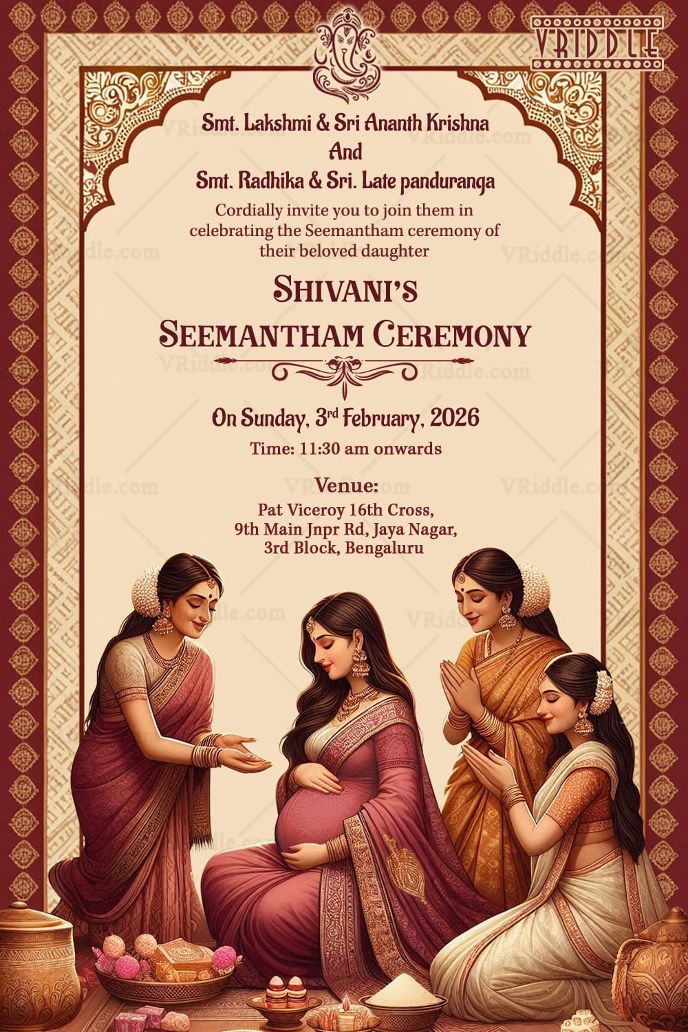 Seemantham Ceremony Invitation Card with Traditional Elements and Family Illustration