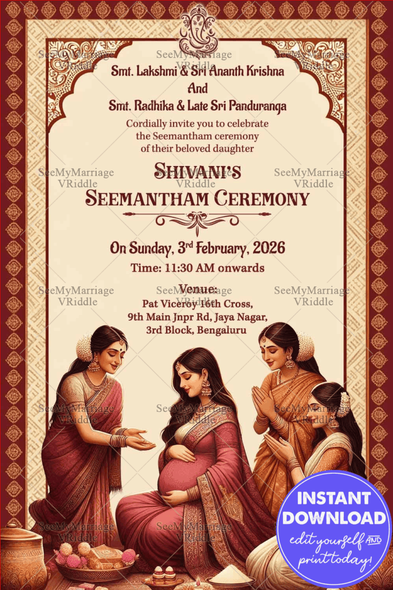 Seemantham Ceremony Invitation Card with Traditional Elements and Family Illustration