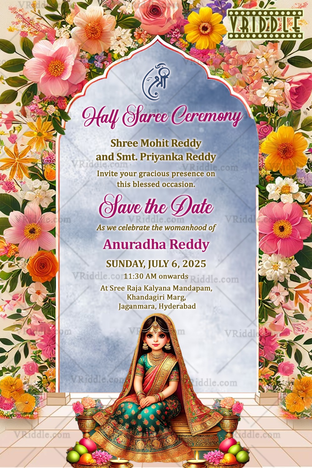 Serene Sky Theme Half Saree Ceremony Invitation Card with Floral Arch Background