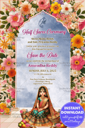 Serene Sky Theme Half Saree Ceremony Invitation Card with Floral Arch Background