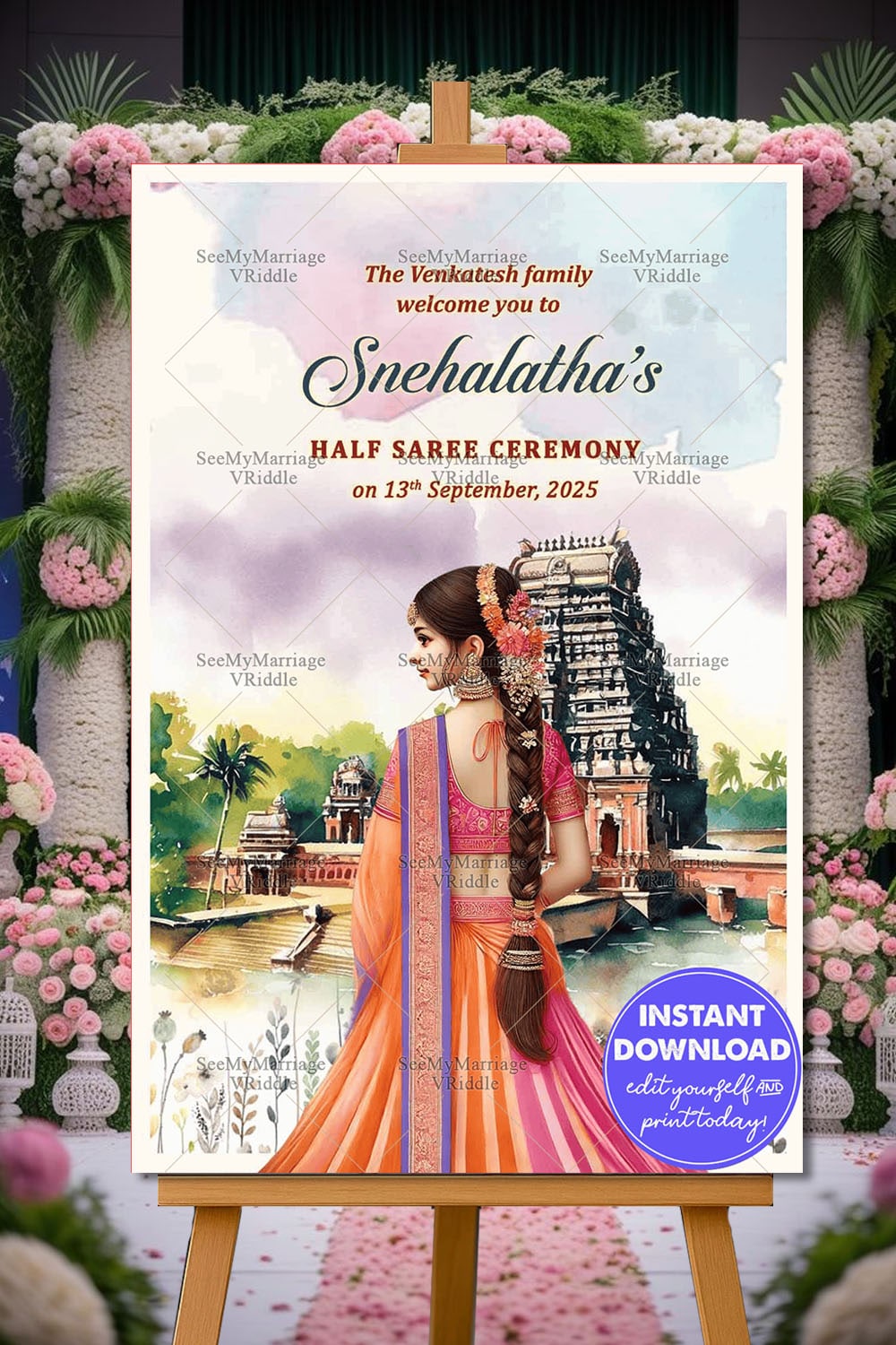 Serene Temple Backdrop Half Saree Ceremony Welcome Poster